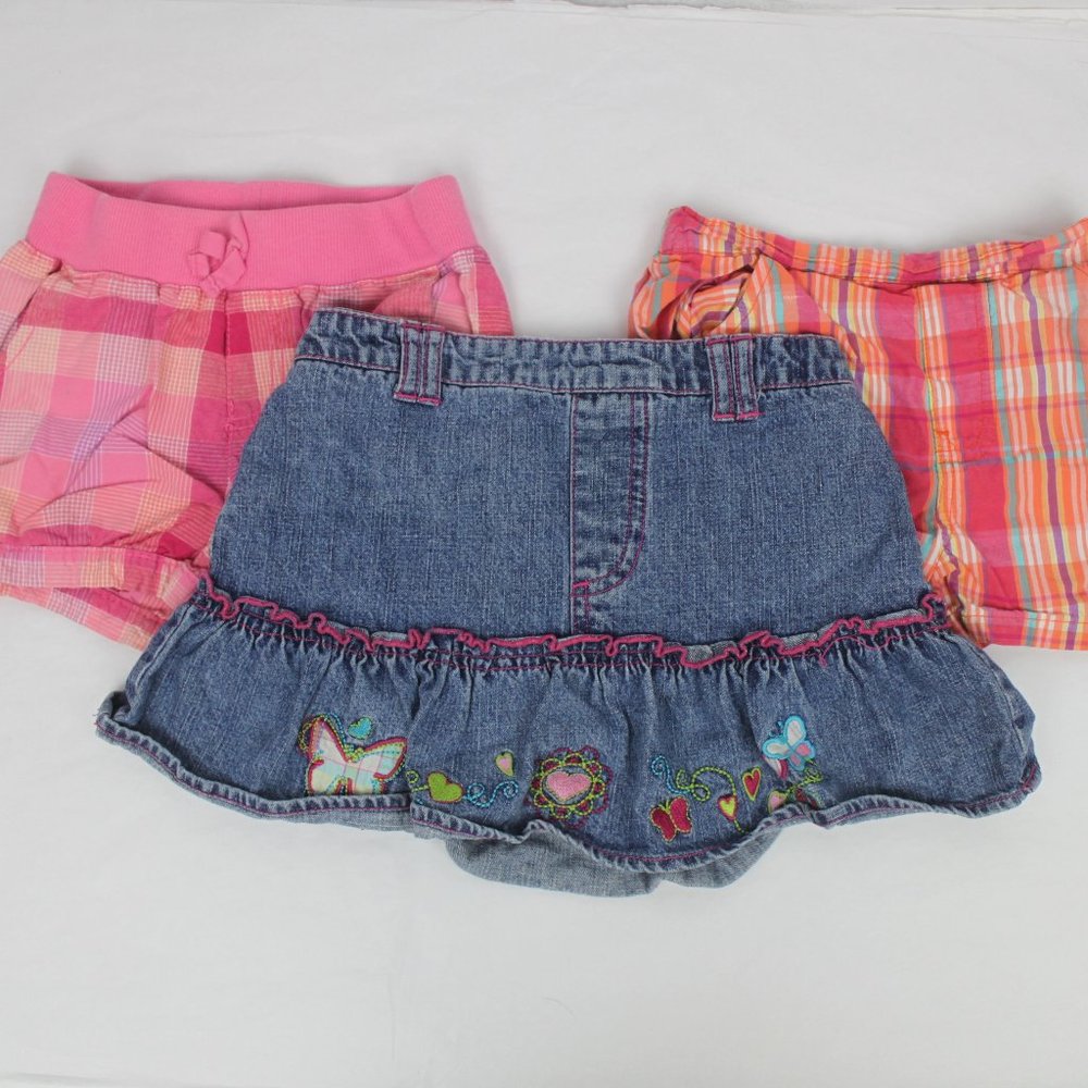 Vintage Set of 3 Girls Shorts Denim Butterfly Skort Pink Checkered Plaid Shorts